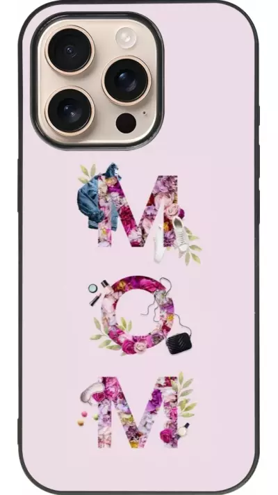 Coque iPhone 16 Pro - Silicone rigide noir Mom 2024 girly mom