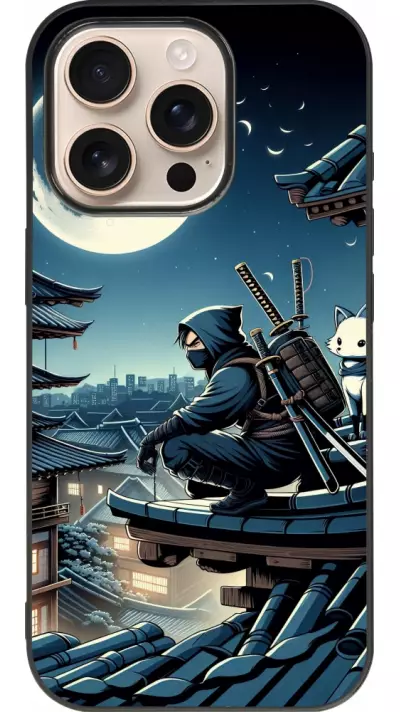 Coque iPhone 16 Pro - Silicone rigide noir Ninja sous la lune