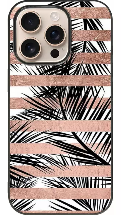 Coque iPhone 16 Pro - Silicone rigide noir Palm trees gold stripes
