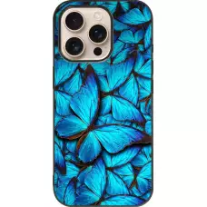 Coque iPhone 16 Pro - Silicone rigide noir Papillon bleu