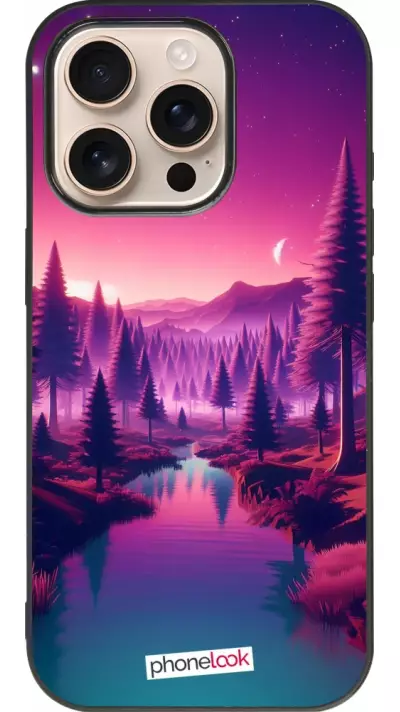 Coque iPhone 16 Pro - Silicone rigide noir Paysage Violet-Rose