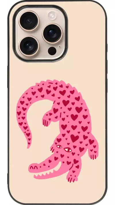 Coque iPhone 16 Pro - Silicone rigide noir Pink crocodile 2026