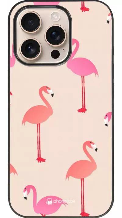 Coque iPhone 16 Pro - Silicone rigide noir Pink Flamingos Pattern