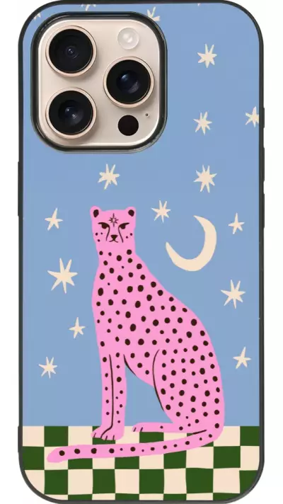 Coque iPhone 16 Pro - Silicone rigide noir Pink leopard with stars 2026