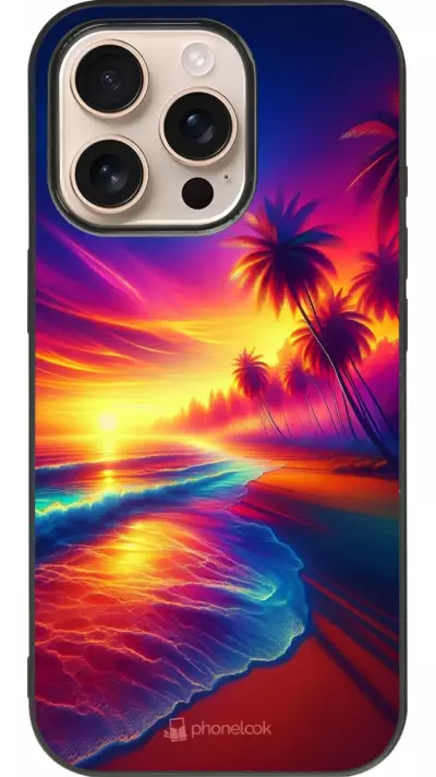 Coque iPhone 16 Pro - Silicone rigide noir Plage coucher soleil flashy
