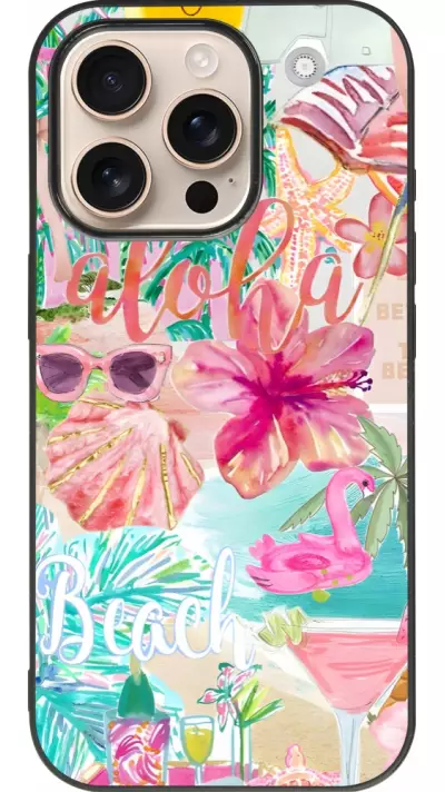 Coque iPhone 16 Pro - Silicone rigide noir Preppy Collage Aloha