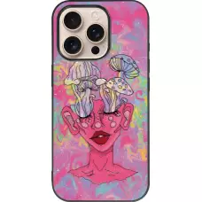 Coque iPhone 16 Pro - Silicone rigide noir Psychedelic pink mushroom