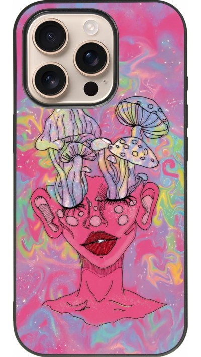 Coque iPhone 16 Pro - Silicone rigide noir Psychedelic pink mushroom