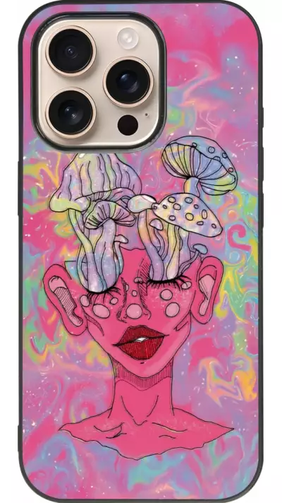 Coque iPhone 16 Pro - Silicone rigide noir Psychedelic pink mushroom