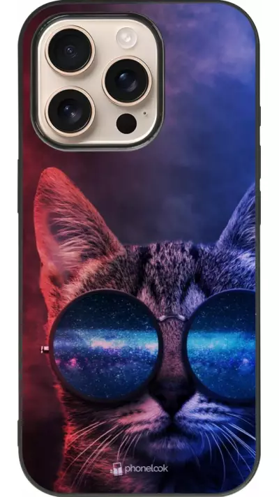 Coque iPhone 16 Pro - Silicone rigide noir Red Blue Cat Glasses