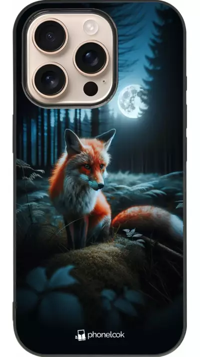 Coque iPhone 16 Pro - Silicone rigide noir Renard lune forêt