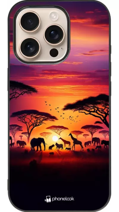 Coque iPhone 16 Pro - Silicone rigide noir Safari sunset wildlife