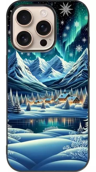 Coque iPhone 16 Pro - Silicone rigide noir Snowy Mountain Village Lake night