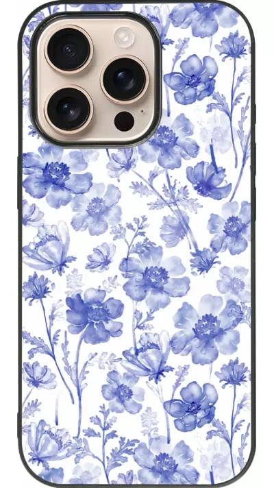 Coque iPhone 16 Pro - Silicone rigide noir Spring 23 watercolor blue flowers
