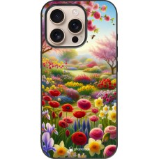Coque iPhone 16 Pro - Silicone rigide noir Spring 25 Bouquet printemps