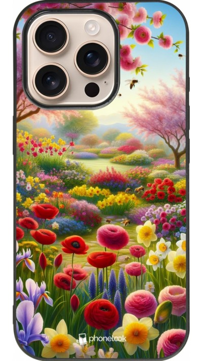 Coque iPhone 16 Pro - Silicone rigide noir Spring 25 Bouquet printemps