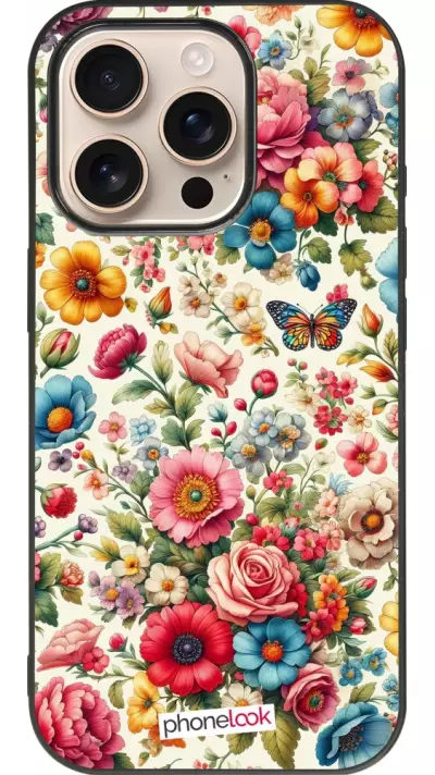 Coque iPhone 16 Pro - Silicone rigide noir Spring 25 printemps fleuri