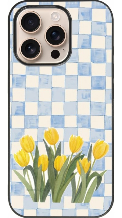 Coque iPhone 16 Pro - Silicone rigide noir Blue vichy tulips Spring 2026