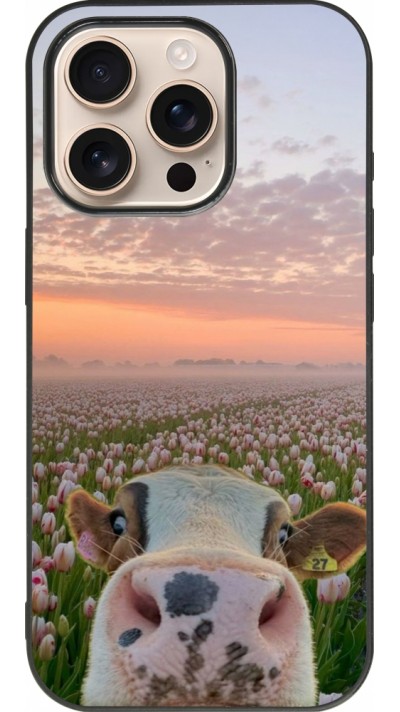 Coque iPhone 16 Pro - Silicone rigide noir Cow with tulips Spring 2026