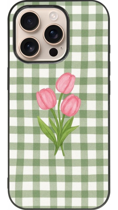 Coque iPhone 16 Pro - Silicone rigide noir Green vichy tulips Spring 2026