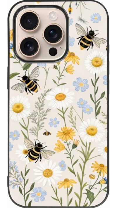 Coque iPhone 16 Pro - Silicone rigide noir Pattern bees Spring 2026