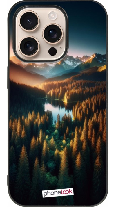 iPhone 16 Pro Case Hülle - Silikon schwarz Sonnenuntergang Waldsee