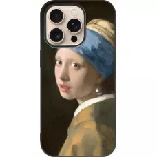 Coque iPhone 16 Pro - Silicone rigide noir Tableau art - La Jeune fille à la perle - Johannes Vermeer