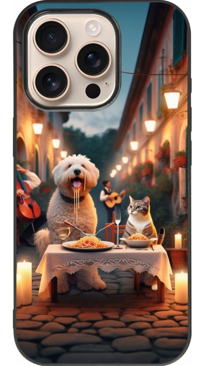 iPhone 16 Pro Case Hülle - Silikon schwarz Valentin 2024 Hund & Katze Kerzenlicht