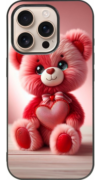 iPhone 16 Pro Case Hülle - Silikon schwarz Valentin 2024 Rosaroter Teddybär
