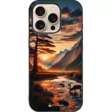 Coque iPhone 16 Pro - Silicone rigide noir Valley Sunset Deer Tree