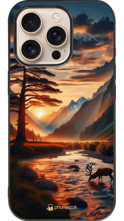 iPhone 16 Pro Case Hülle - Silikon schwarz Tal Sonnenuntergang Hirsch Baum