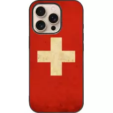 Coque iPhone 16 Pro - Silicone rigide noir Vintage Flag SWISS