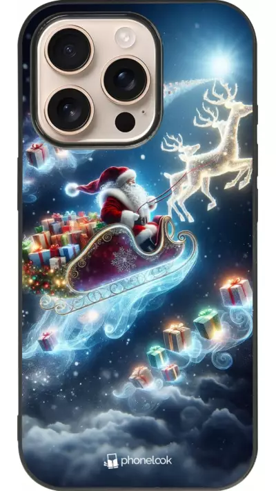 Coque iPhone 16 Pro - Silicone rigide noir Noël 2023 Père Noël enchanté