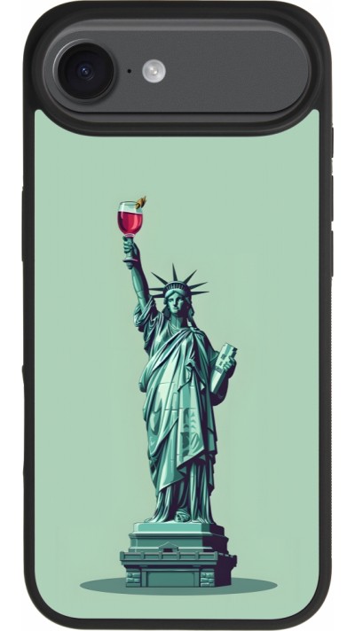Coque iPhone Air - Silicone rigide noir Wine Statue de la liberté avec un verre de vin