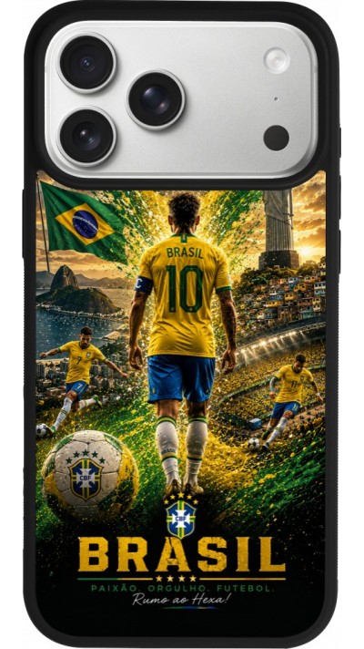 Coque iPhone 17 Pro Max - Silicone rigide noir Football Brésil splash 2026