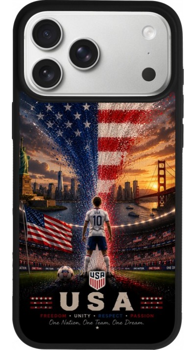 Coque iPhone 17 Pro Max - Silicone rigide noir Football États-Unis splash 2026