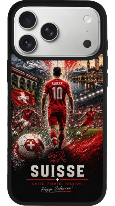 Coque iPhone 17 Pro Max - Silicone rigide noir Football Suisse splash 2026