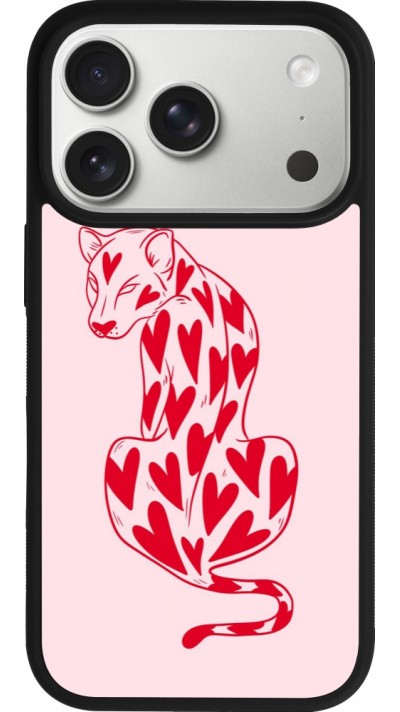 Coque iPhone 17 Pro - Silicone rigide noir Leopard with hearts 2026