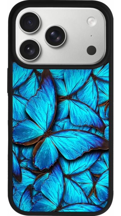 Coque iPhone 17 Pro - Silicone rigide noir Papillon bleu