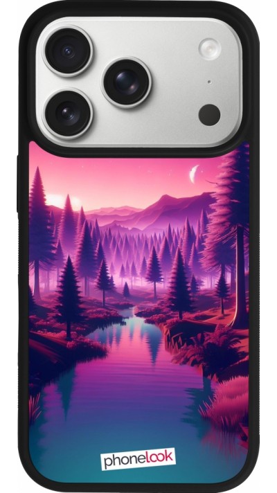 Coque iPhone 17 Pro - Silicone rigide noir Paysage Violet-Rose