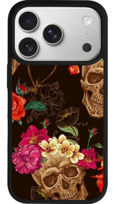 Coque iPhone 17 Pro - Silicone rigide noir Skulls and flowers