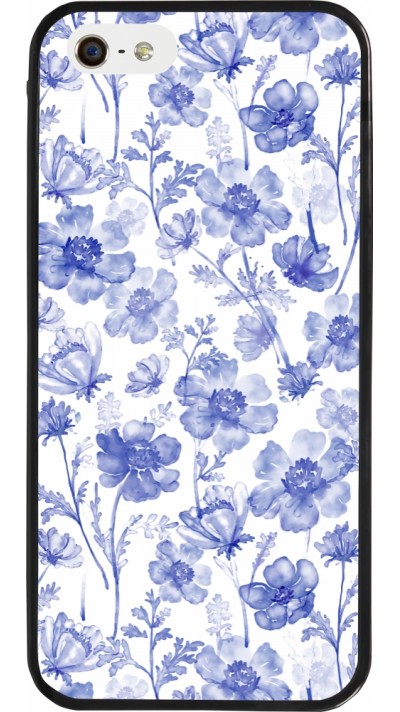 iPhone 5/5s / SE (2016) Case Hülle - Silikon schwarz Spring 23 watercolor blue flowers