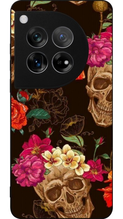 OnePlus 12 Case Hülle - Silikon schwarz Skulls and flowers