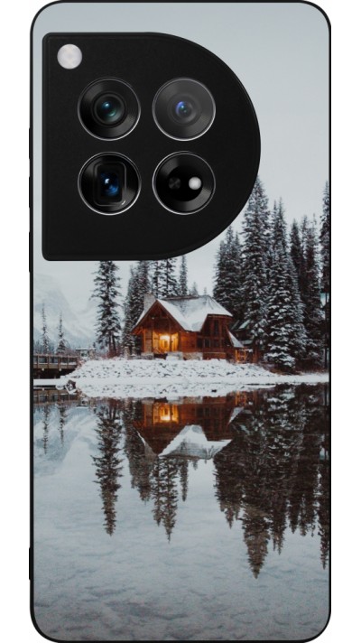 Coque OnePlus 12 - Silicone rigide noir Winter 25 Winter house forest afternoon