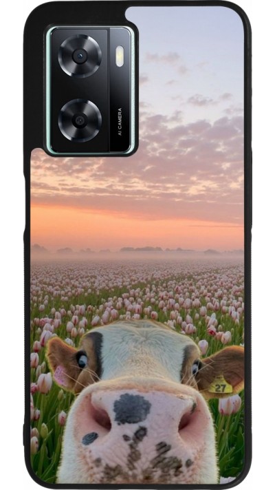 Coque OPPO A57 5G - Silicone rigide noir Cow with tulips Spring 2026