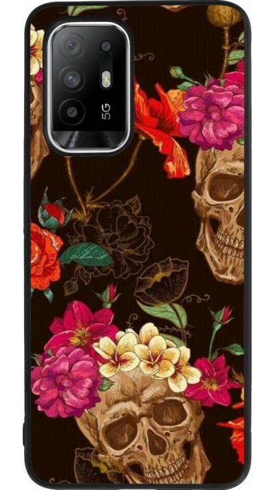 Coque OPPO F19 Pro+ - Silicone rigide noir Skulls and flowers