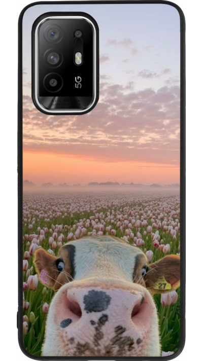 Coque OPPO F19 Pro+ - Silicone rigide noir Cow with tulips Spring 2026