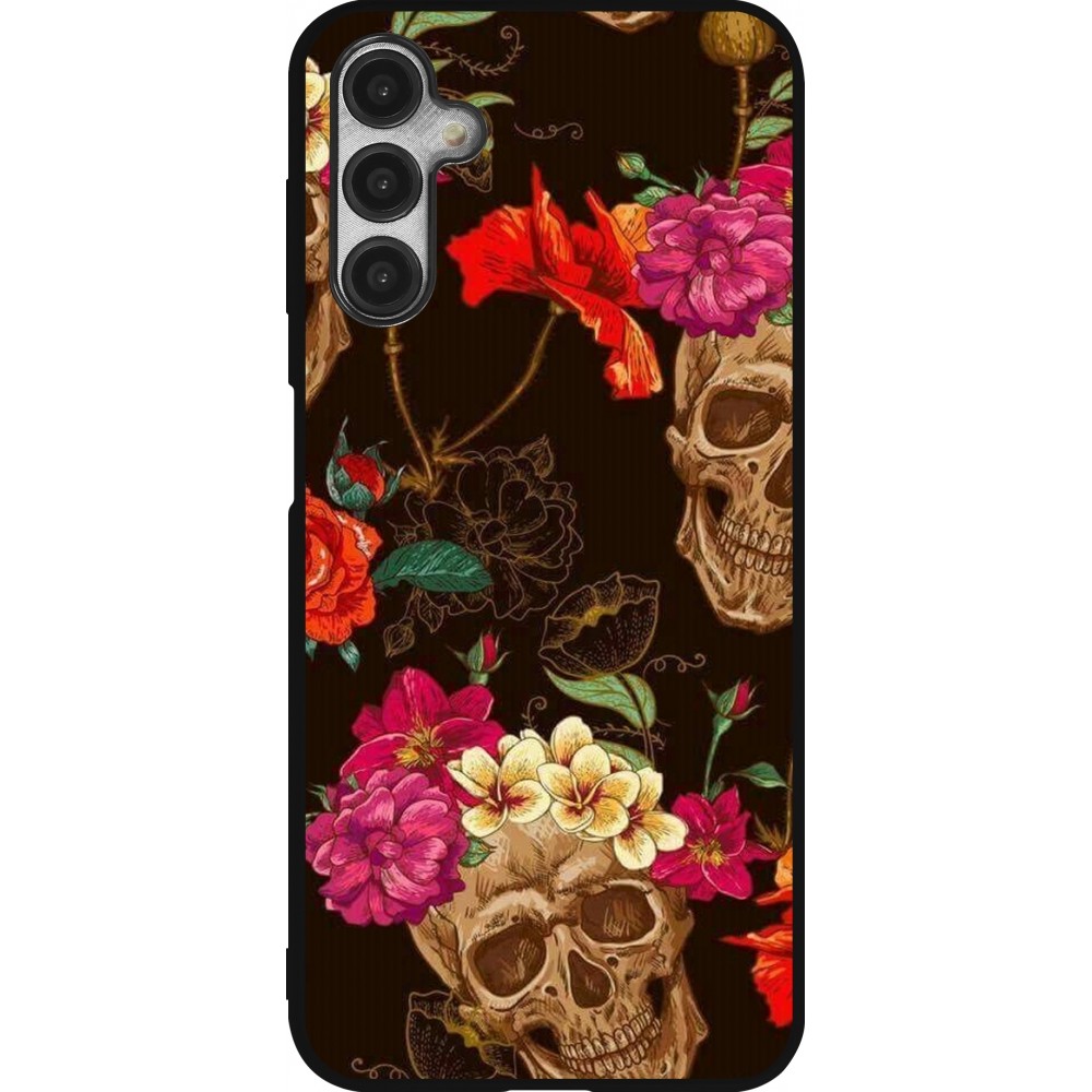 Coque Samsung Galaxy A14 5G - Silicone rigide noir Skulls and flowers