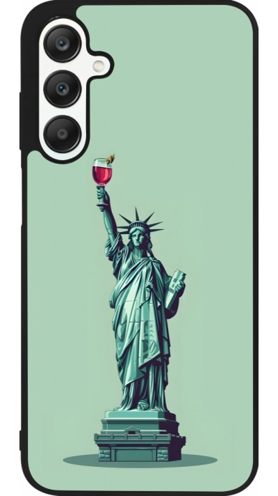 Coque Samsung Galaxy A25 - Silicone rigide noir Wine Statue de la liberté avec un verre de vin Coque Samsung Galaxy A25 - Silicone rigide noir Wine Statue de la liberté avec un verre de vin
