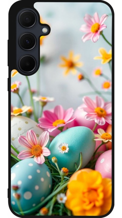 Samsung Galaxy A35 5G Case Hülle - Silikon schwarz Easter 2026 Eggs with flowers